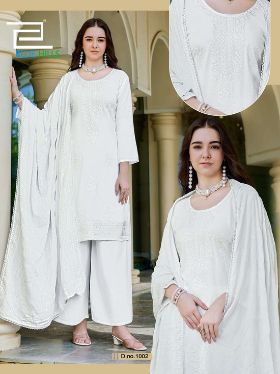 BLUE HILLS WHITE LILY 1001 TO 1004 Series Rayon Heavy Work Dresses