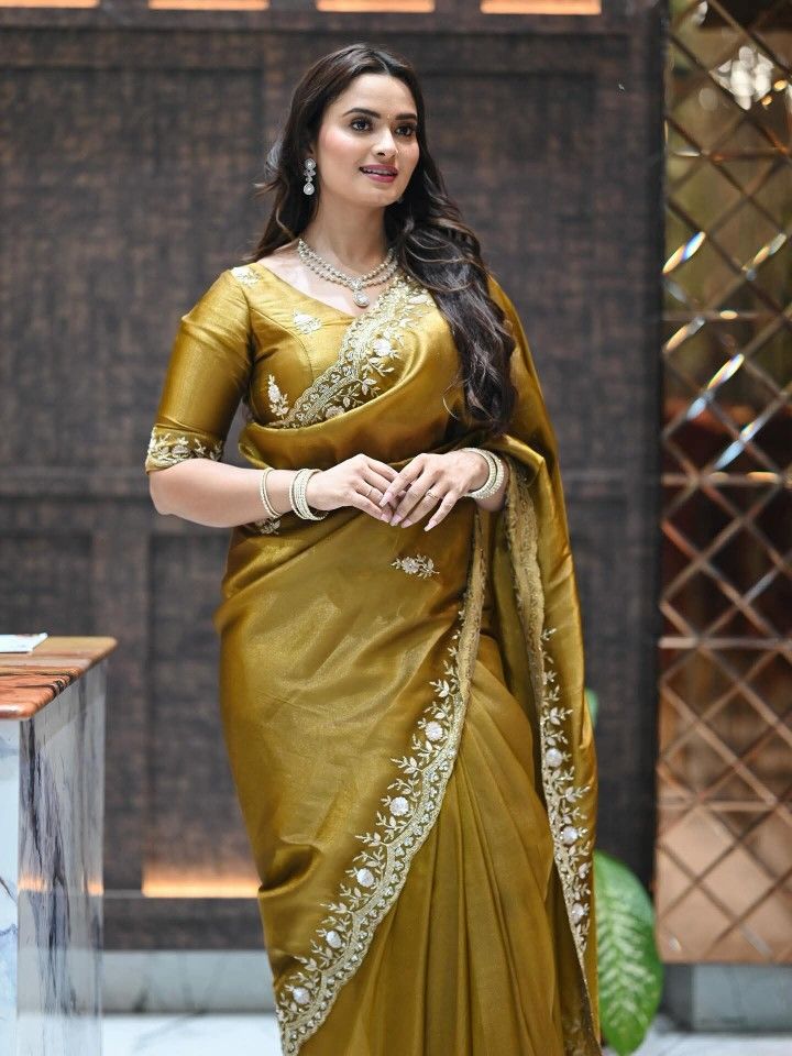 BT 444 Fandy Satin Silk Zari Sequence Worked Saree