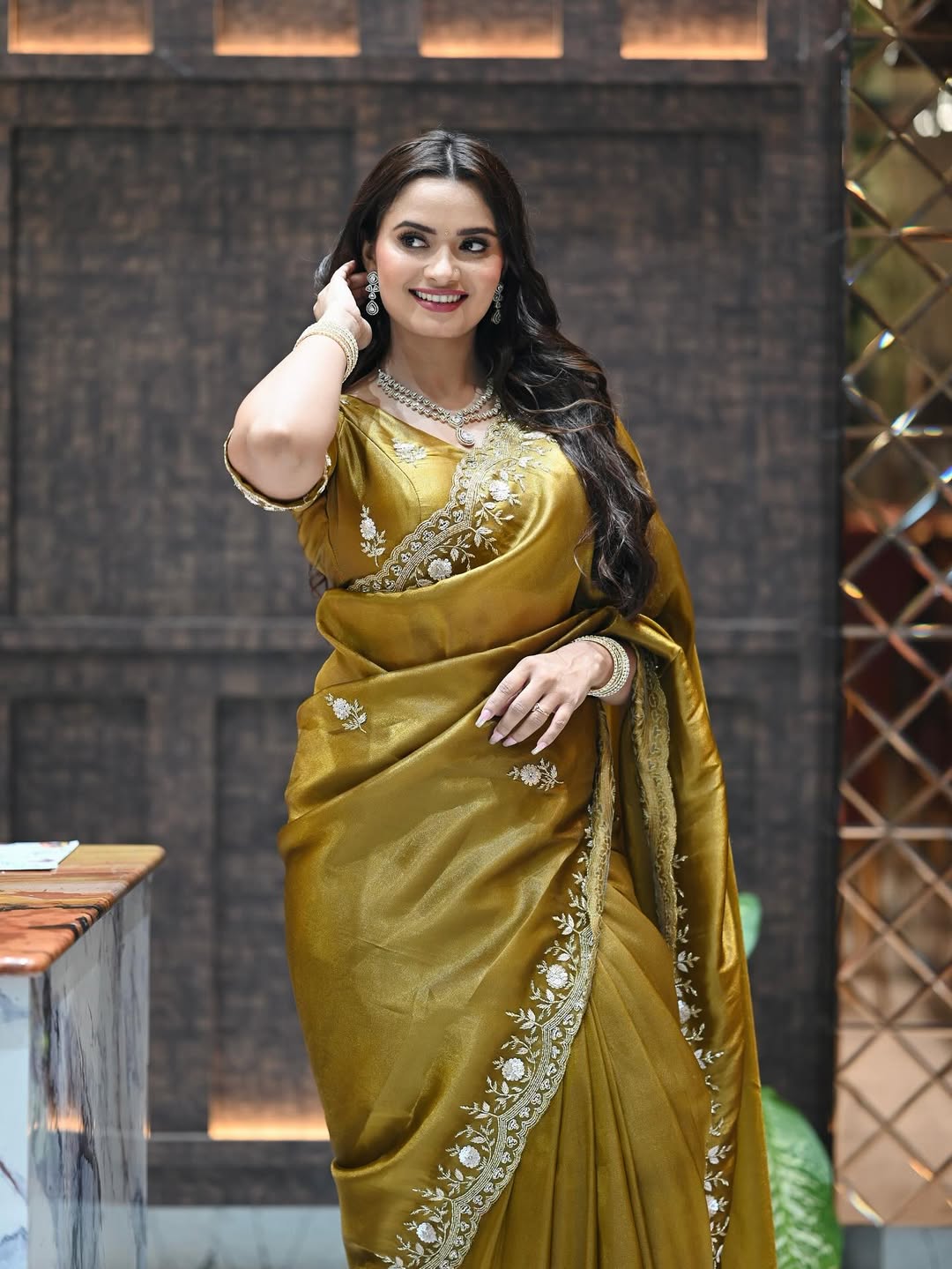 BT 444 Fandy Satin Silk Zari Sequence Worked Saree