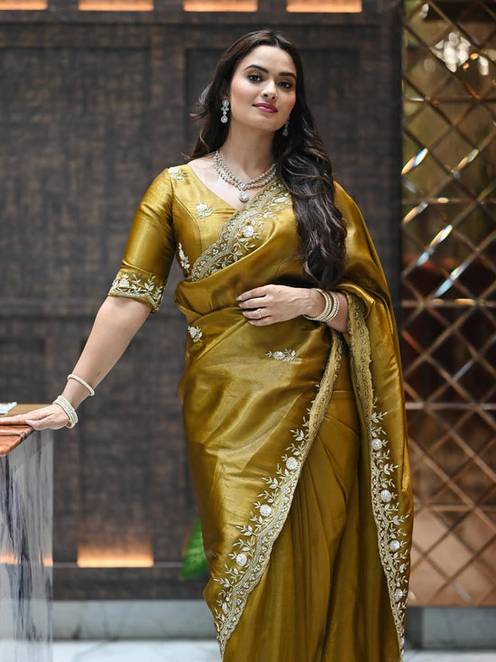 BT 444 Fandy Satin Silk Zari Sequence Worked Saree