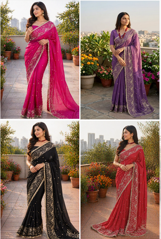 BT 446 Star Georgette Thread Embroidery Worked Saree - Amrah Wholesale