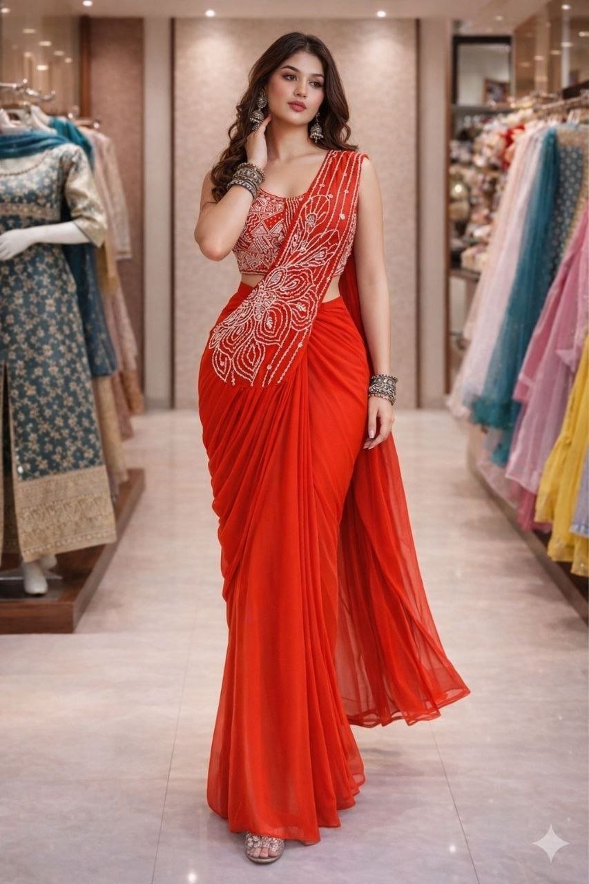 BT 7158 Georgette Embroidery Worked Ready To Wear Saree - Amrah Wholesale