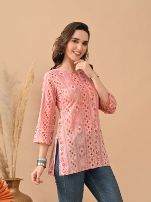 C 164 Pink Mul Cotton Printed Office Wear Short Kurti Collection
