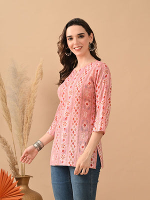 C 164 Pink Mul Cotton Printed Office Wear Short Kurti Collection
