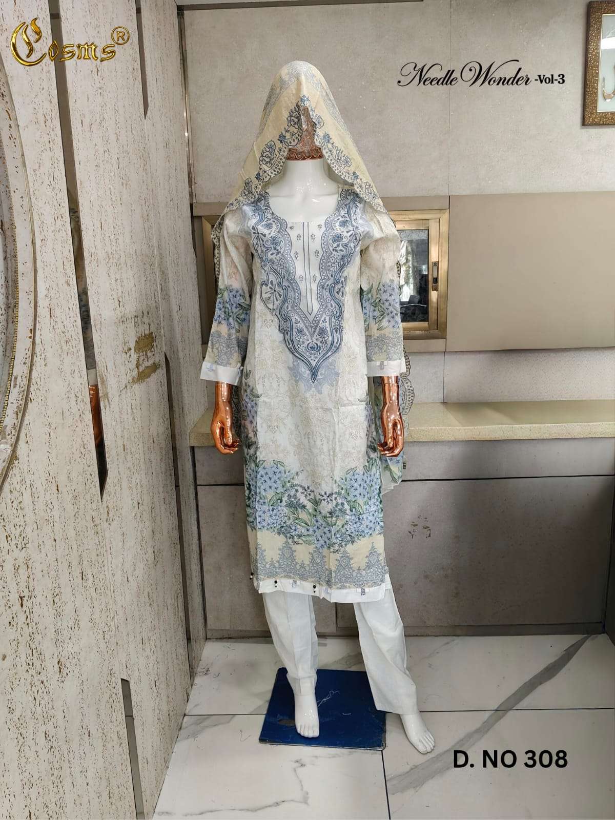 Cosmos Needle Wonder Vol 3 Pure Lawn Cotton Readymade Pakistani Suit Set - Amrah Wholesale