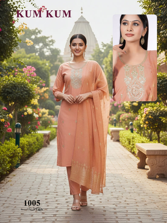 De Kum Kum Roman Silk Embroidered Kurti Set