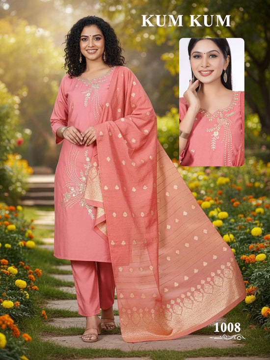 De Kum Kum Roman Silk Embroidered Kurti Set