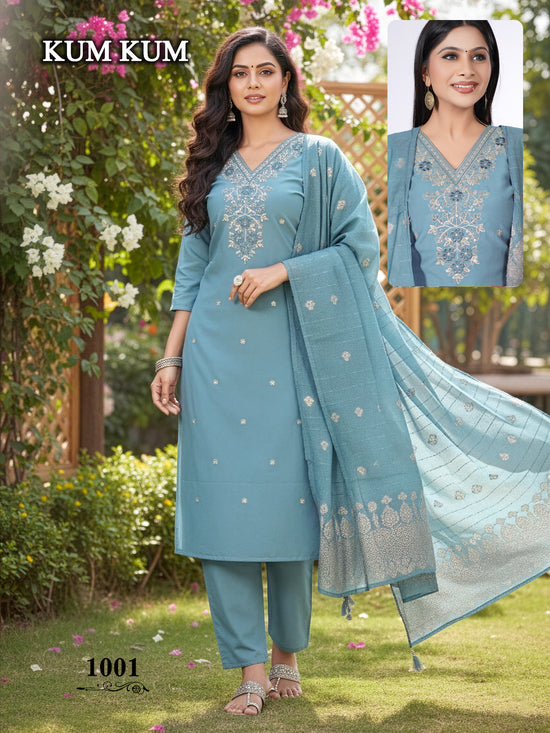 De Kum Kum Roman Silk Embroidered Kurti Set
