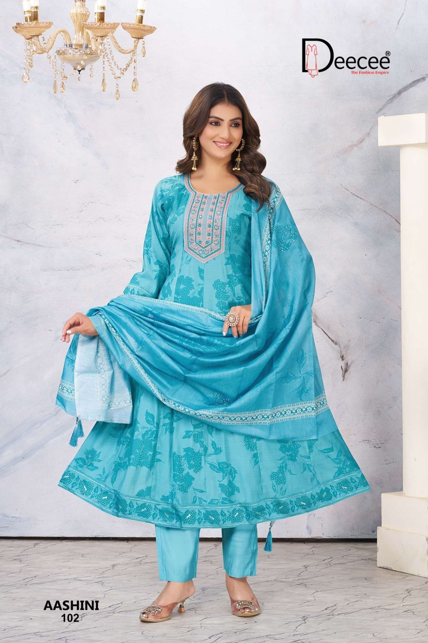 Dee Cee Aashini Roman Foil Print Anarkali Kurti Pant Dupatta Set - Amrah Wholesale