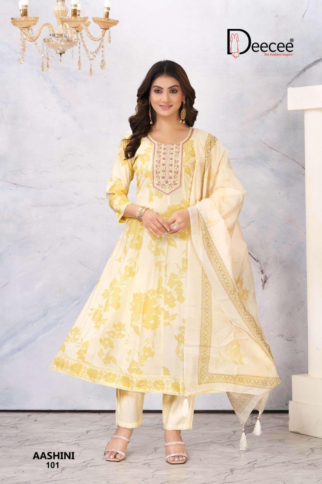 Dee Cee Aashini Roman Foil Print Anarkali Kurti Pant Dupatta Set - Amrah Wholesale