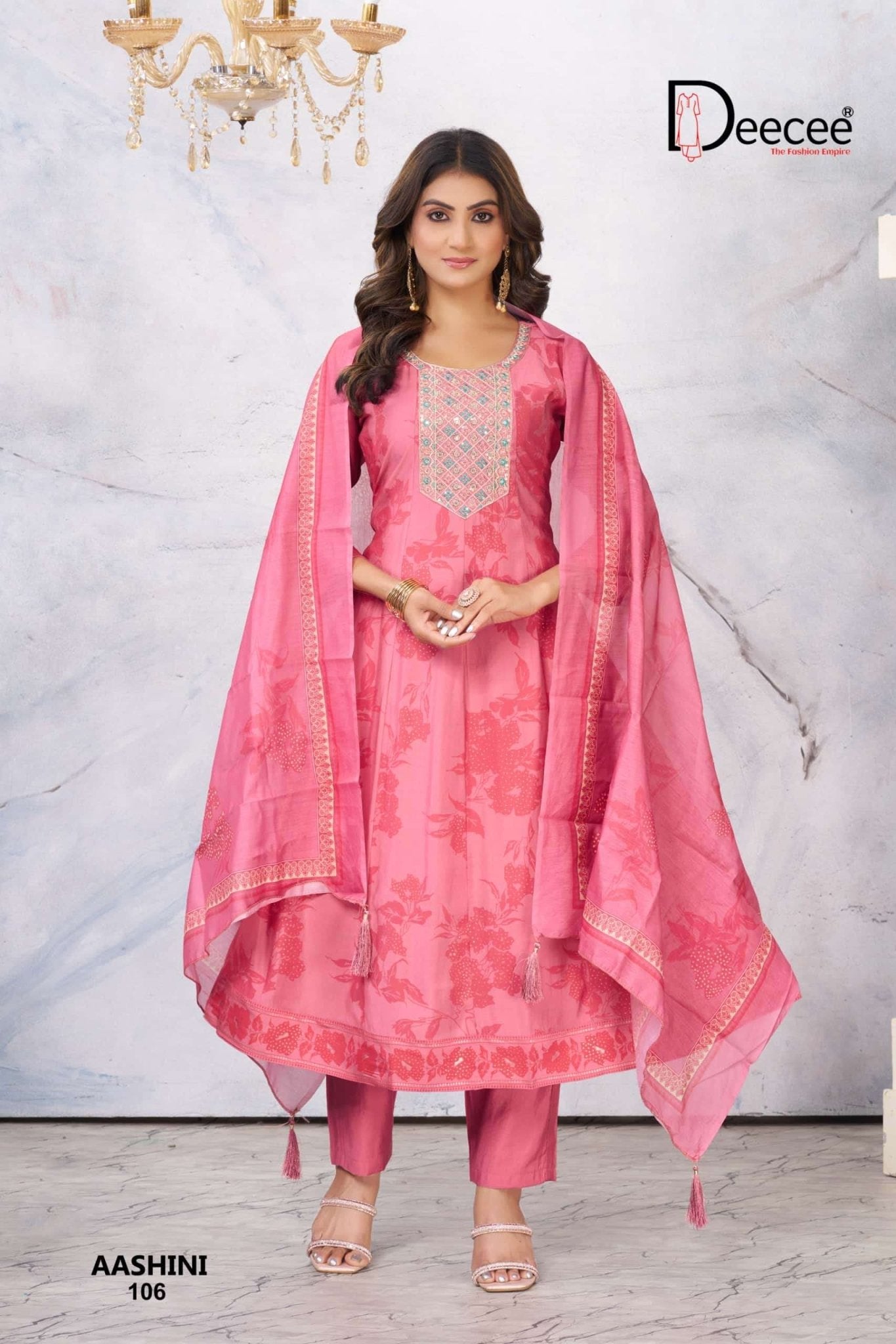Dee Cee Aashini Roman Foil Print Anarkali Kurti Pant Dupatta Set - Amrah Wholesale
