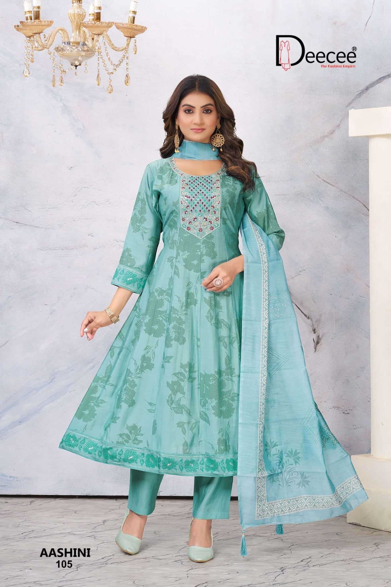 Dee Cee Aashini Roman Foil Print Anarkali Kurti Pant Dupatta Set - Amrah Wholesale