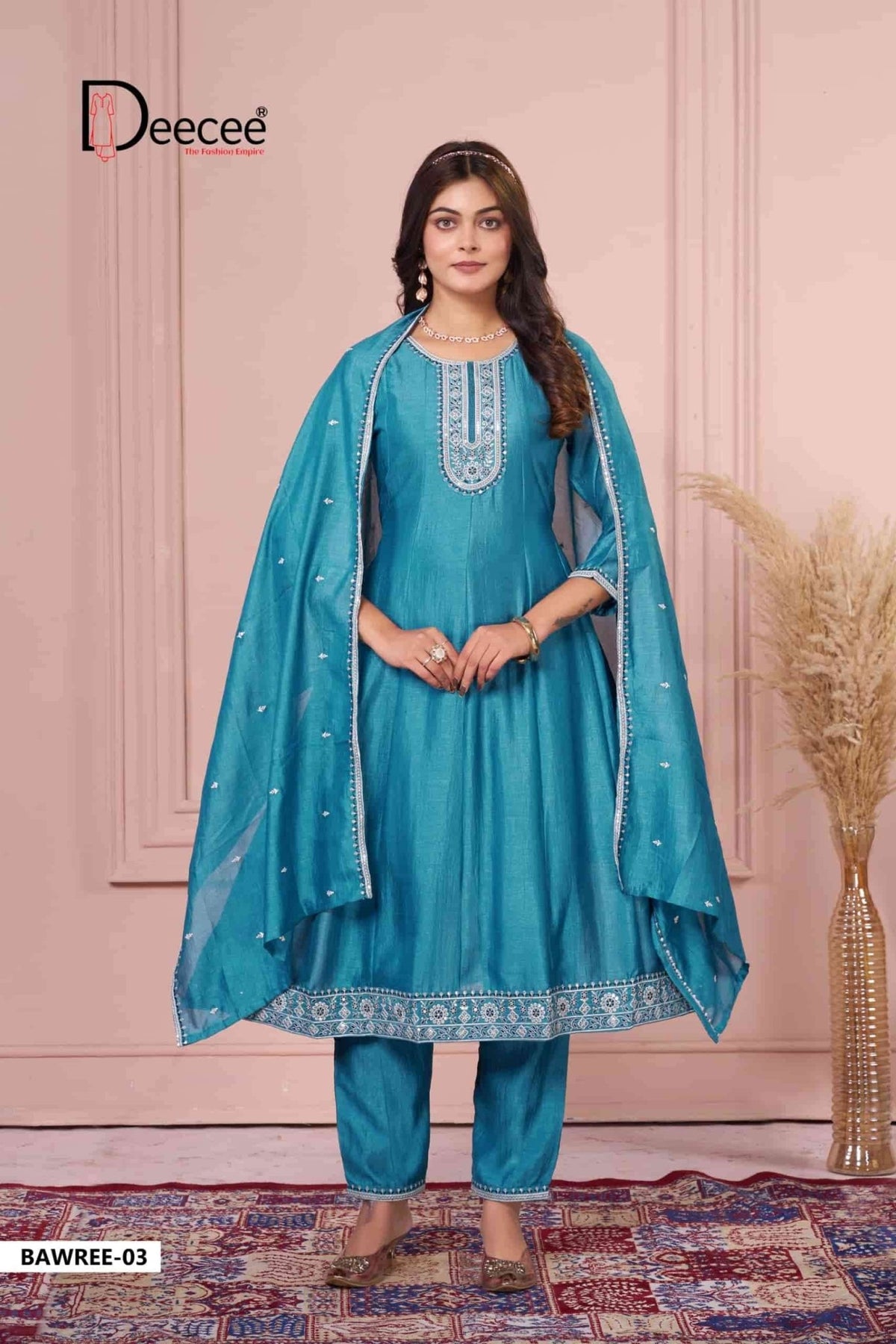 Dee Cee Bawree Ready-Made Vichitra Silk Embroidered Anarkali Kurta Pant Dupatta Set - Amrah Wholesale