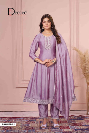 Dee Cee Bawree Ready-Made Vichitra Silk Embroidered Anarkali Kurta Pant Dupatta Set - Amrah Wholesale