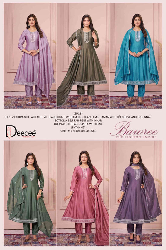 Dee Cee Bawree Ready-Made Vichitra Silk Embroidered Anarkali Kurta Pant Dupatta Set