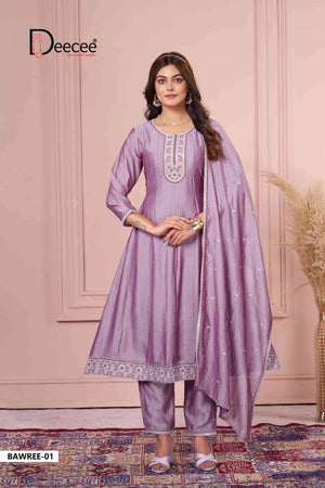Dee Cee Bawree Ready-Made Vichitra Silk Embroidered Anarkali Kurta Pant Dupatta Set
