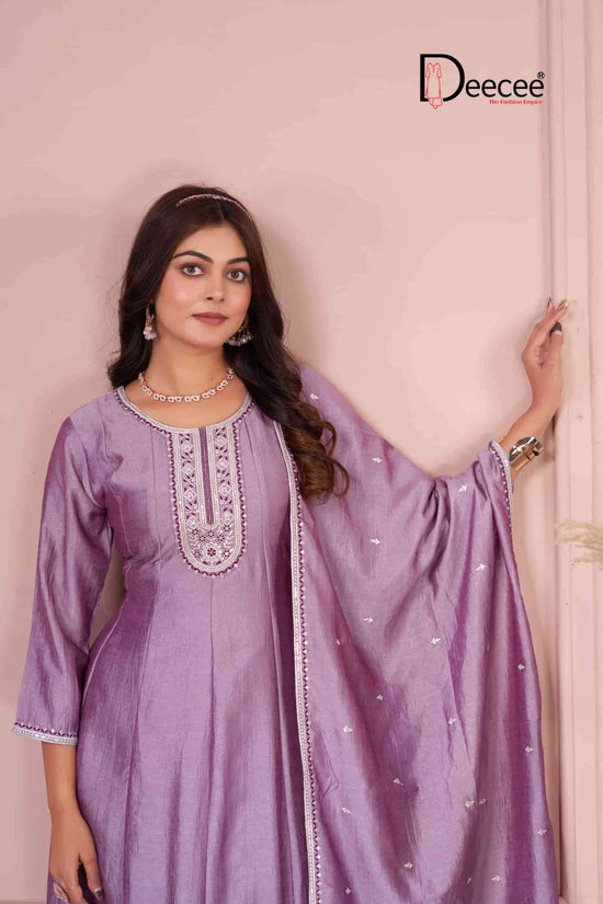 Dee Cee Bawree Ready-Made Vichitra Silk Embroidered Anarkali Kurta Pant Dupatta Set