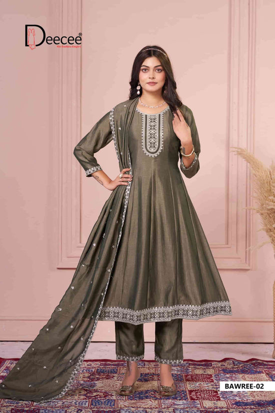 Dee Cee Bawree Ready-Made Vichitra Silk Embroidered Anarkali Kurta Pant Dupatta Set