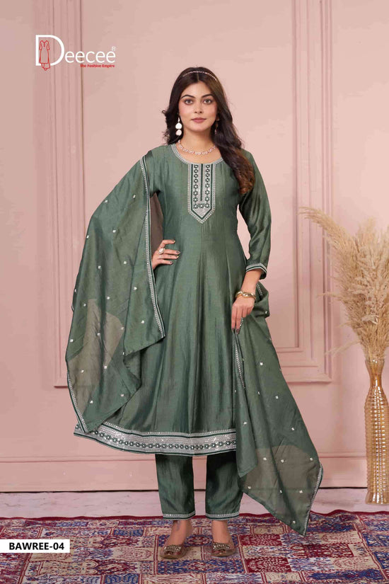 Dee Cee Bawree Ready-Made Vichitra Silk Embroidered Anarkali Kurta Pant Dupatta Set