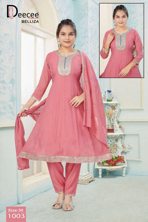 Dee Cee Belliza Mal Chanderi Embroidered Kurti Pant Dupatta Set