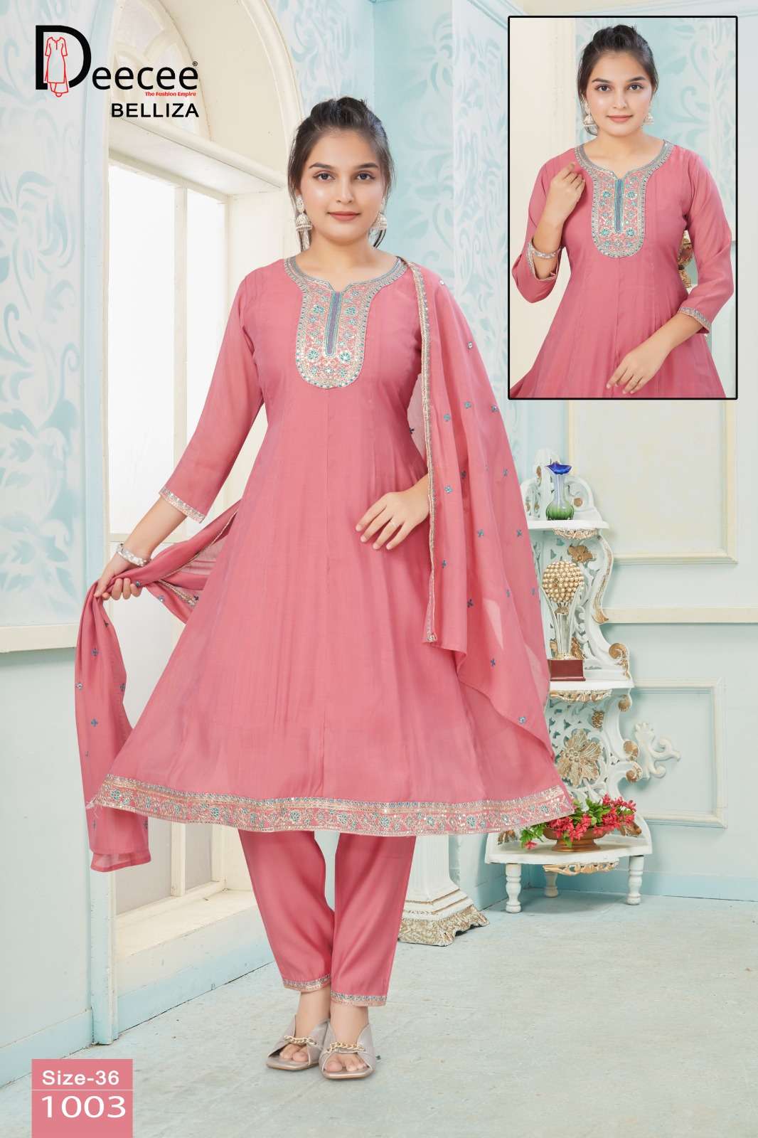 Dee Cee Belliza Mal Chanderi Embroidered Kurti Pant Dupatta Set