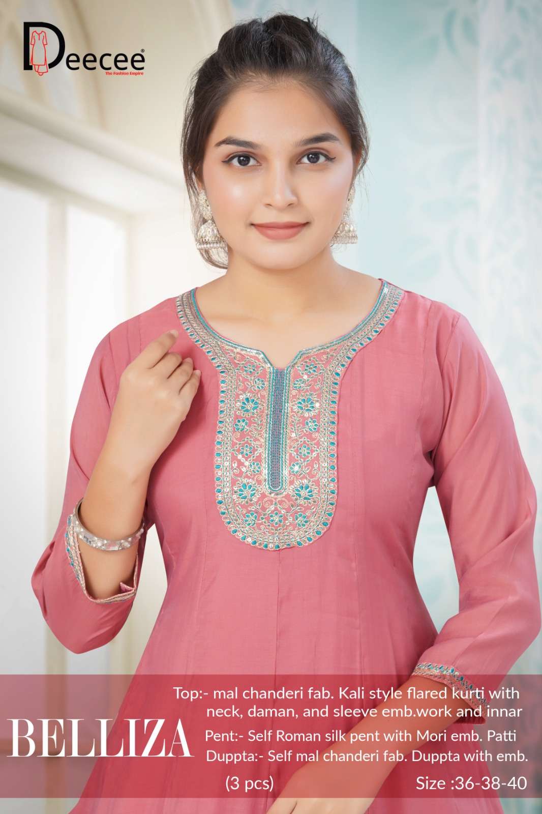 Dee Cee Belliza Mal Chanderi Embroidered Kurti Pant Dupatta Set