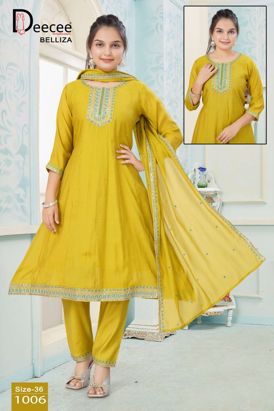 Dee Cee Belliza Mal Chanderi Embroidered Kurti Pant Dupatta Set