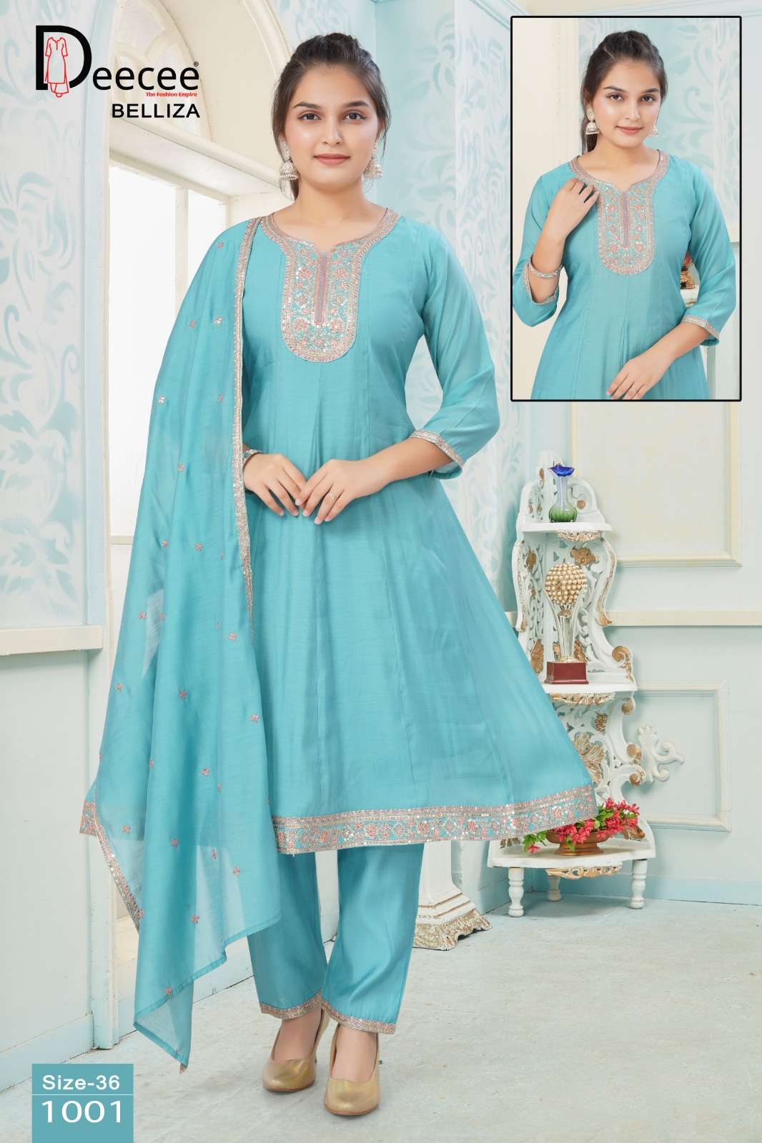 Dee Cee Belliza Mal Chanderi Embroidered Kurti Pant Dupatta Set