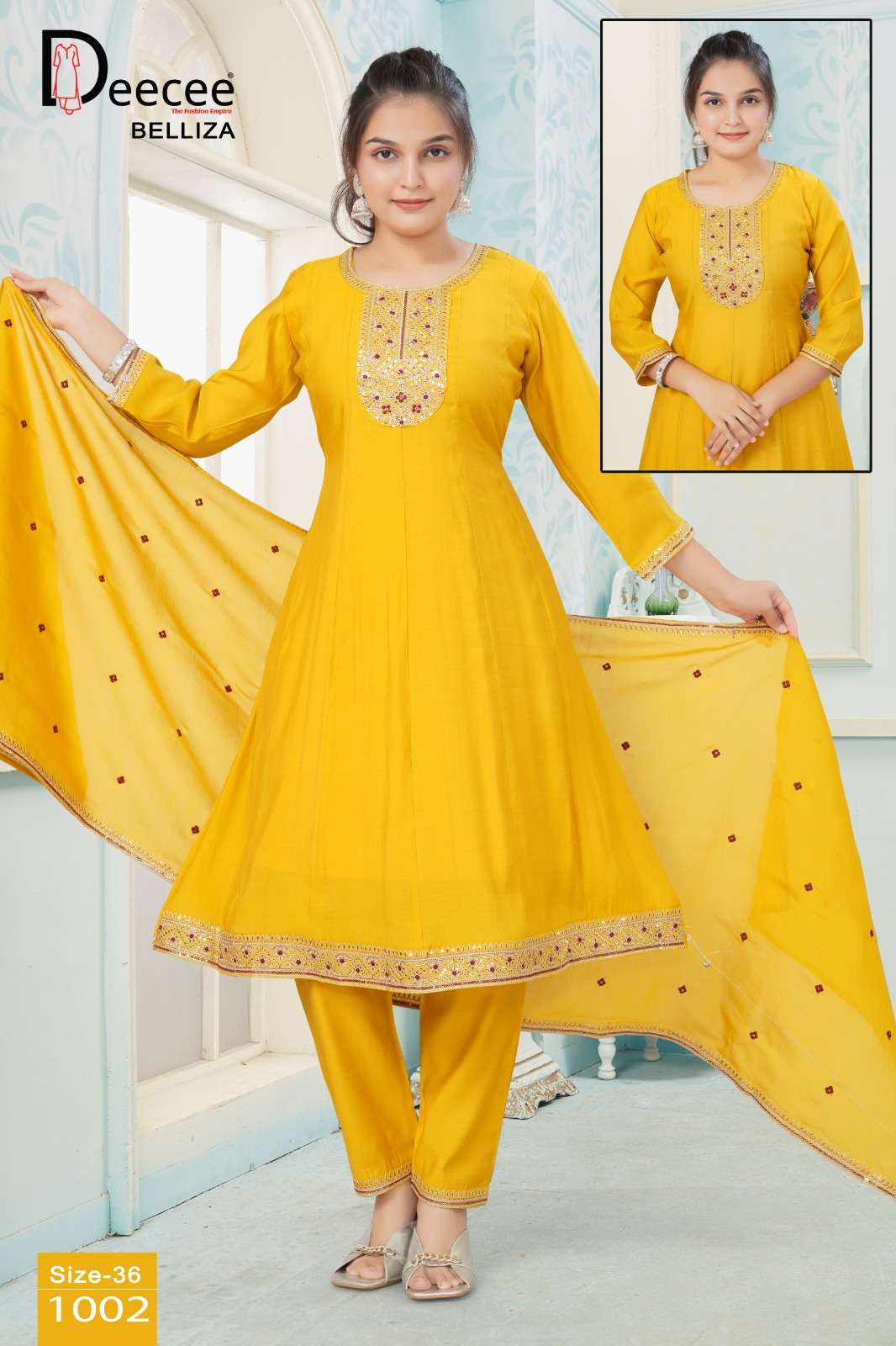 Dee Cee Belliza Mal Chanderi Embroidered Kurti Pant Dupatta Set