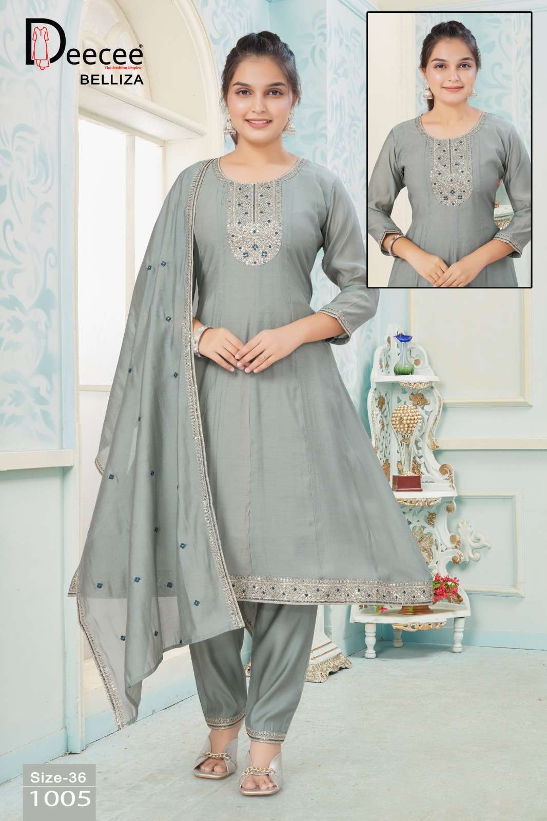 Dee Cee Belliza Mal Chanderi Embroidered Kurti Pant Dupatta Set