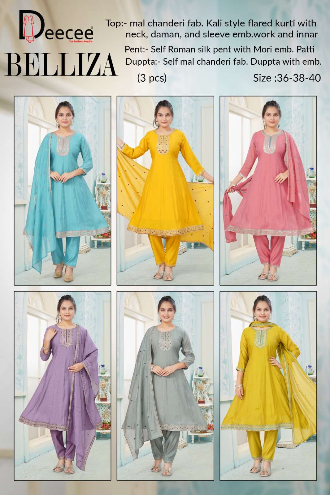 Dee Cee Belliza Mal Chanderi Embroidered Kurti Pant Dupatta Set