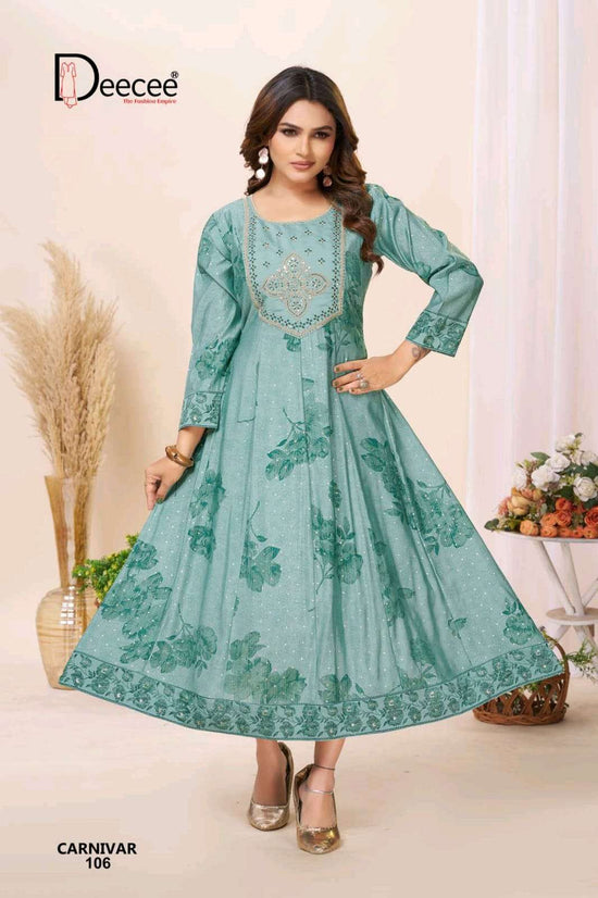 Dee Cee Carnivar Roman Silk Embroidered Flared Kurti