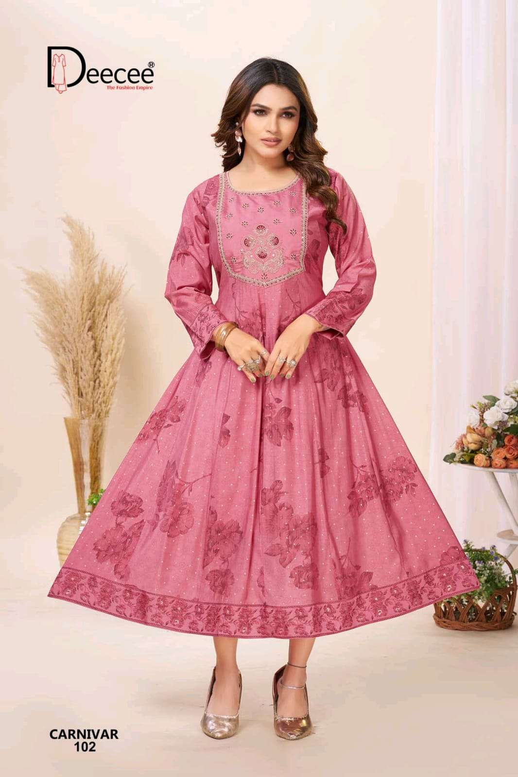 Dee Cee Carnivar Roman Silk Embroidered Flared Kurti