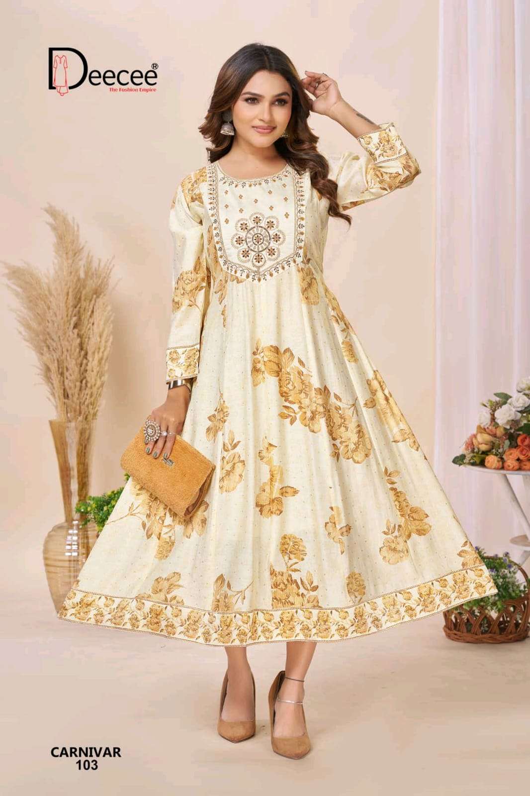 Dee Cee Carnivar Roman Silk Embroidered Flared Kurti