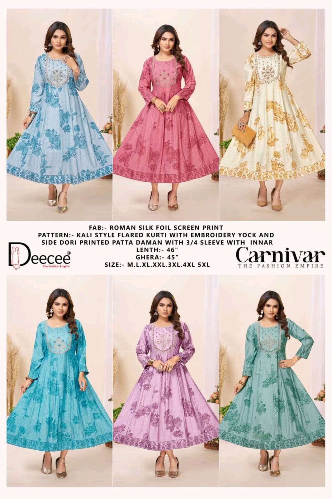 Dee Cee Carnivar Roman Silk Embroidered Flared Kurti