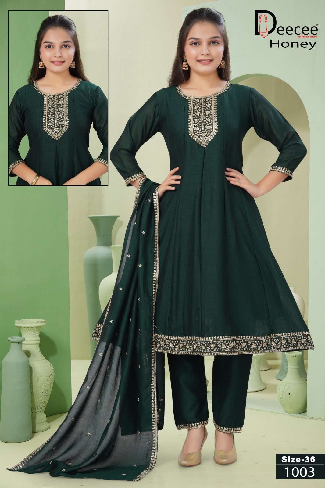 Dee Cee Honey Vichitra Silk Embroidered Anarkali Kurti Pant Dupatta Set