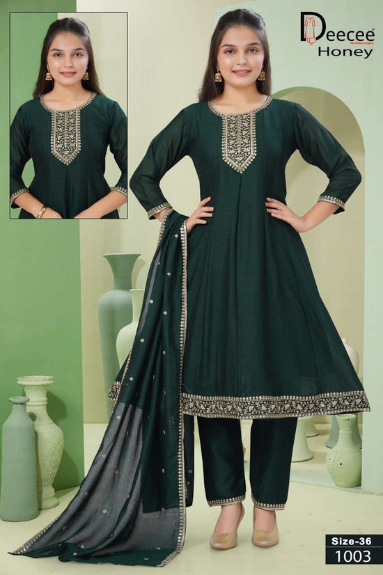 Dee Cee Honey Vichitra Silk Embroidered Anarkali Kurti Pant Dupatta Set