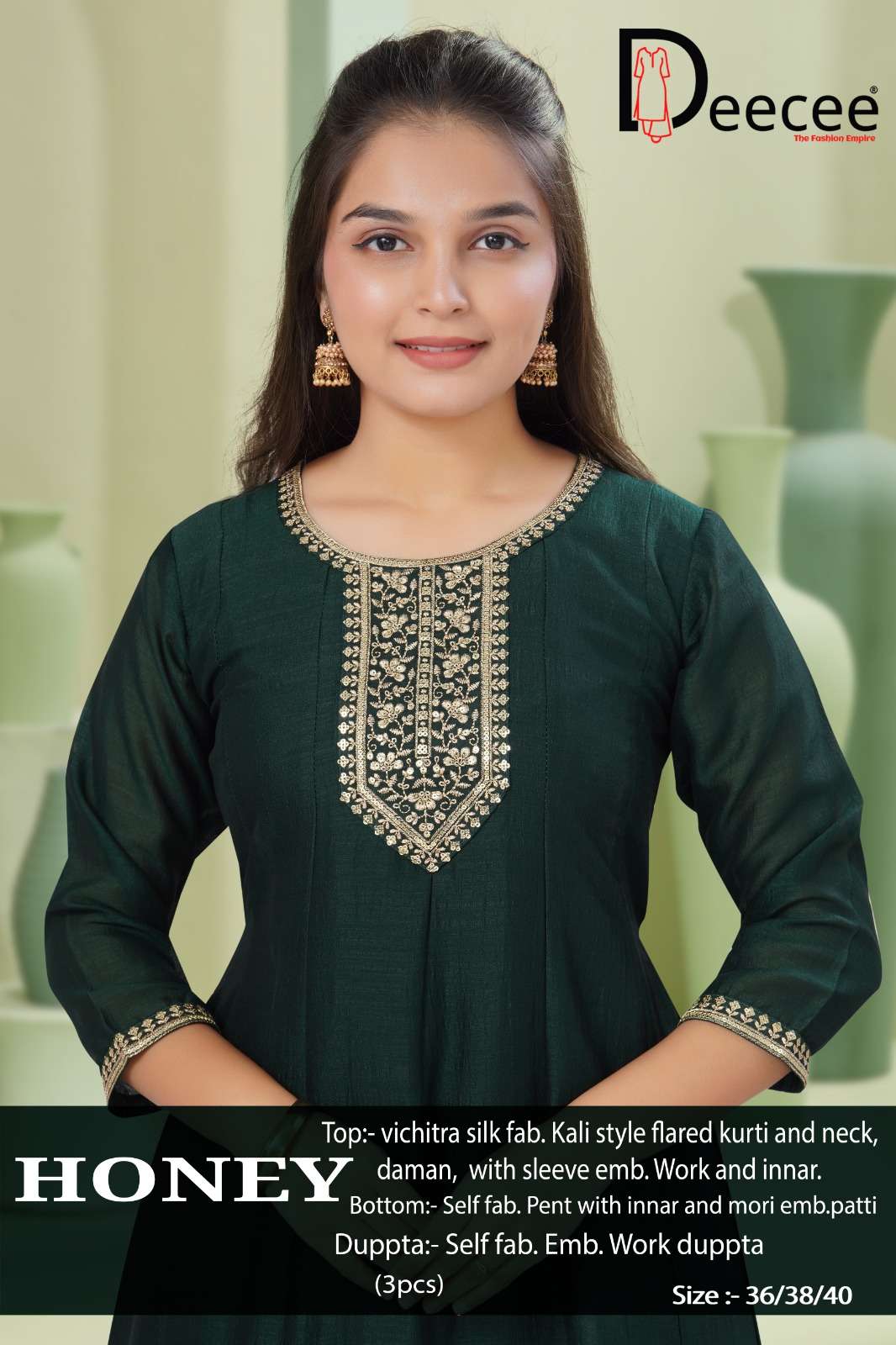 Dee Cee Honey Vichitra Silk Embroidered Anarkali Kurti Pant Dupatta Set