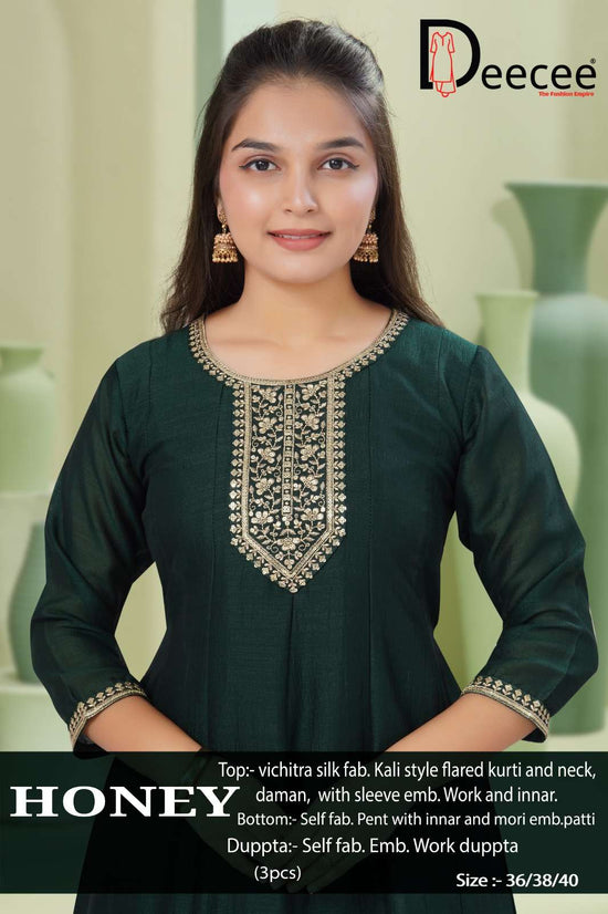 Dee Cee Honey Vichitra Silk Embroidered Anarkali Kurti Pant Dupatta Set