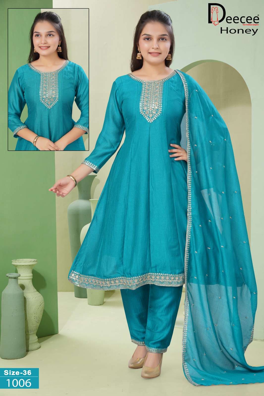 Dee Cee Honey Vichitra Silk Embroidered Anarkali Kurti Pant Dupatta Set