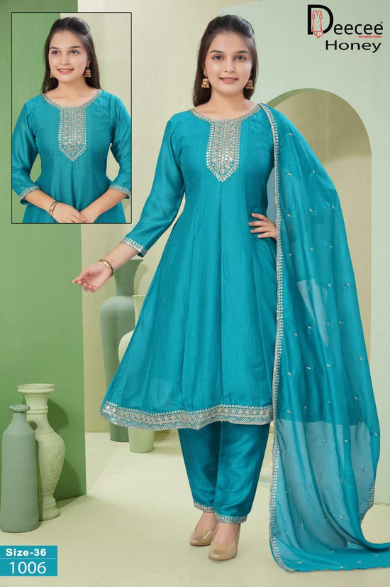 Dee Cee Honey Vichitra Silk Embroidered Anarkali Kurti Pant Dupatta Set