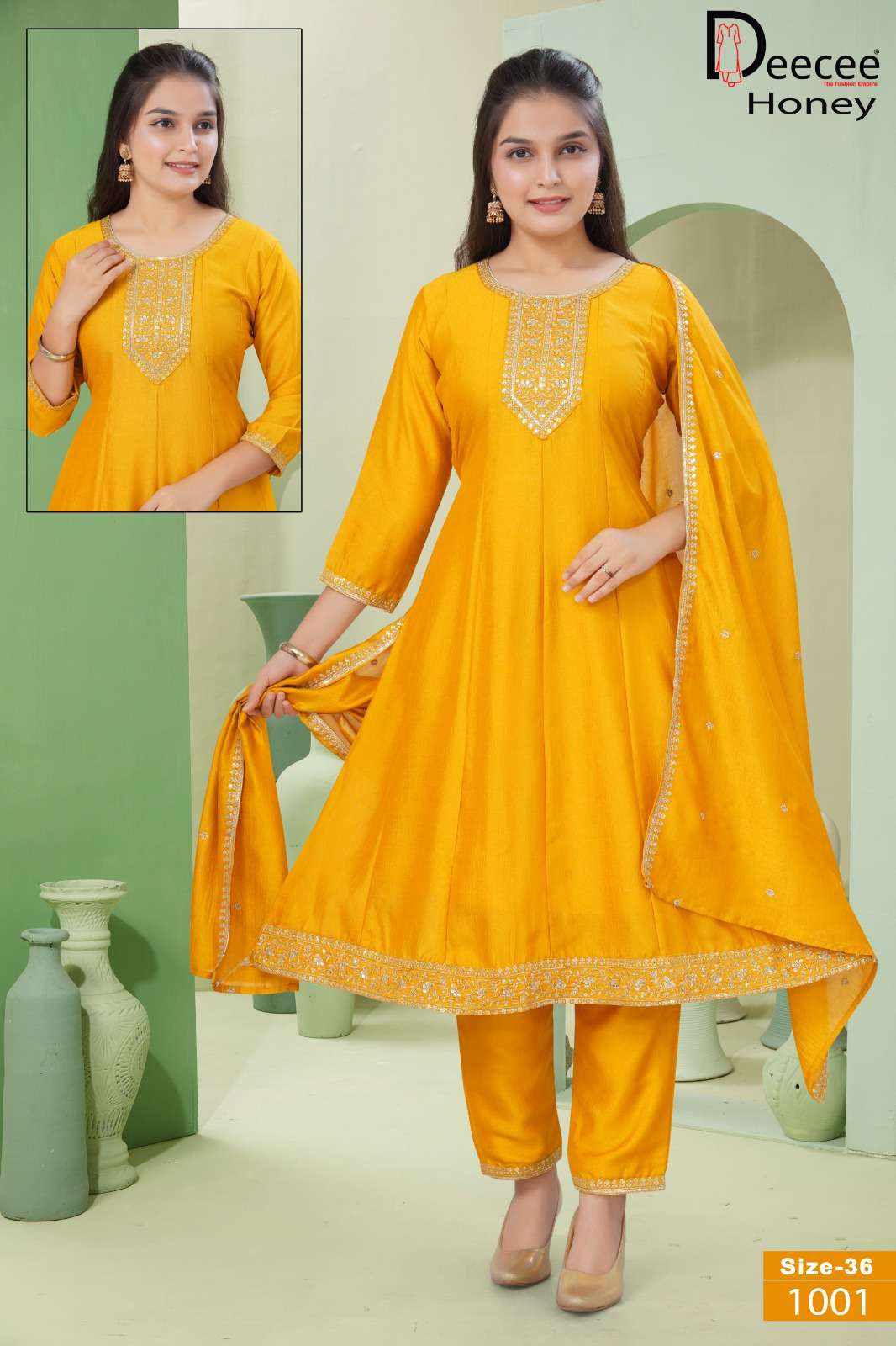 Dee Cee Honey Vichitra Silk Embroidered Anarkali Kurti Pant Dupatta Set