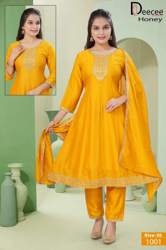 Dee Cee Honey Vichitra Silk Embroidered Anarkali Kurti Pant Dupatta Set