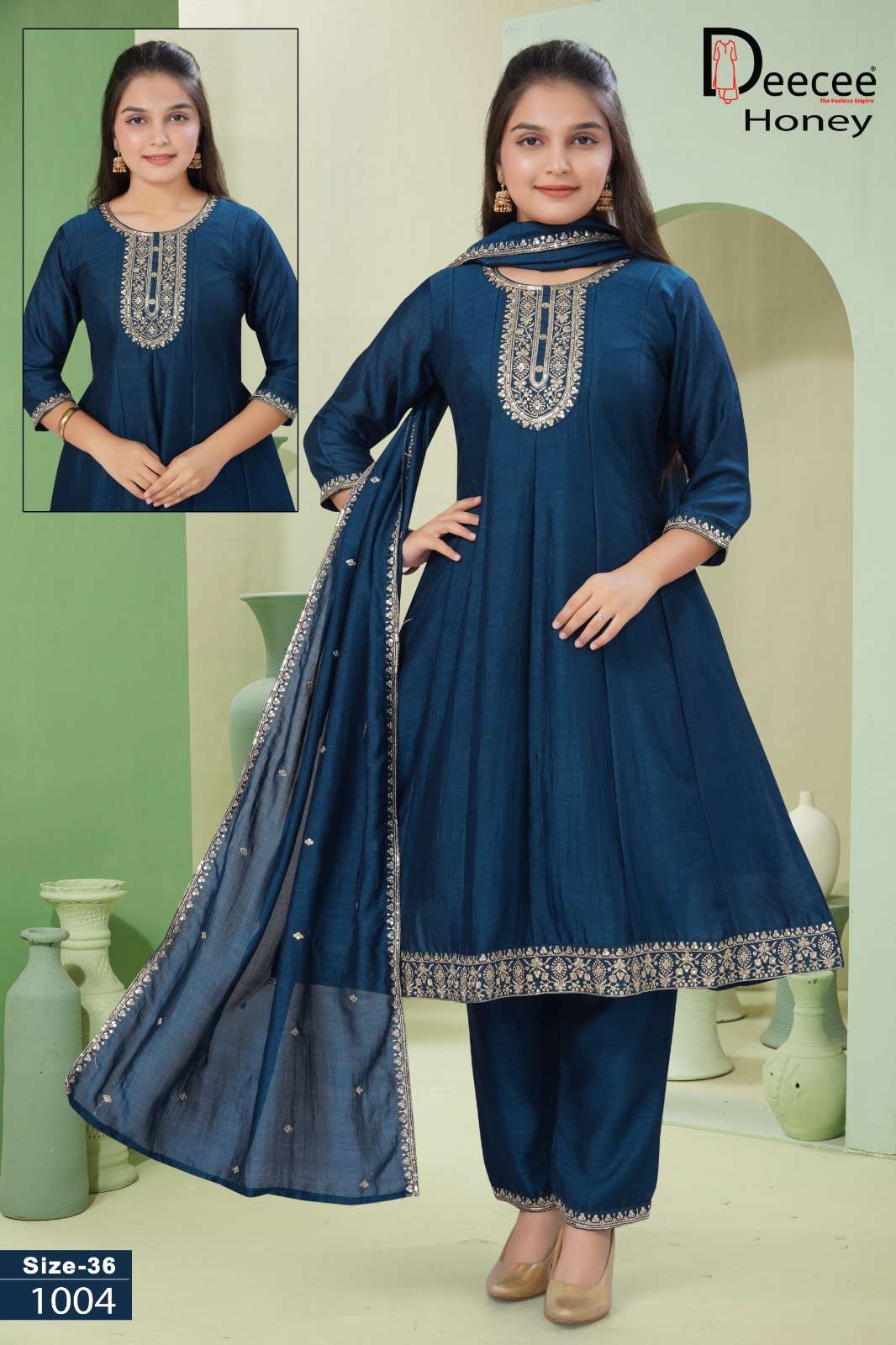 Dee Cee Honey Vichitra Silk Embroidered Anarkali Kurti Pant Dupatta Set