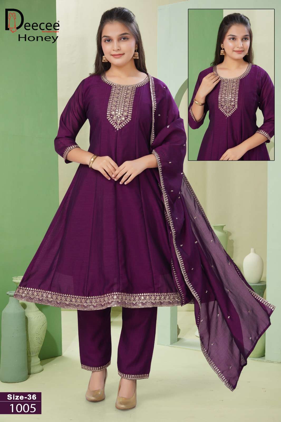 Dee Cee Honey Vichitra Silk Embroidered Anarkali Kurti Pant Dupatta Set