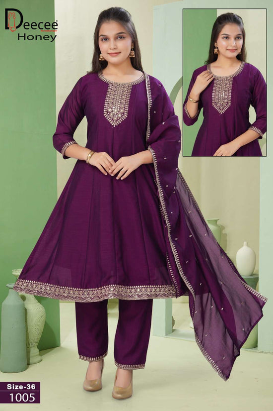 Dee Cee Honey Vichitra Silk Embroidered Anarkali Kurti Pant Dupatta Set