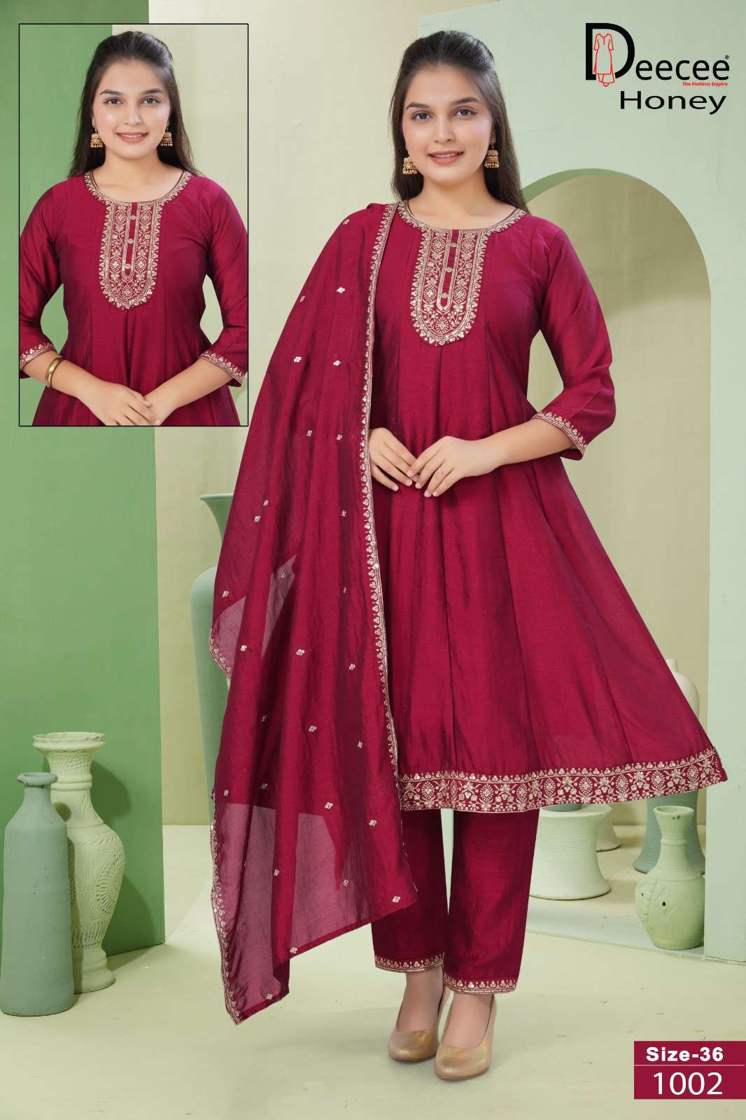 Dee Cee Honey Vichitra Silk Embroidered Anarkali Kurti Pant Dupatta Set