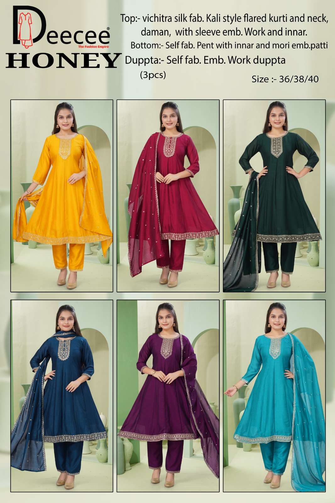 Dee Cee Honey Vichitra Silk Embroidered Anarkali Kurti Pant Dupatta Set