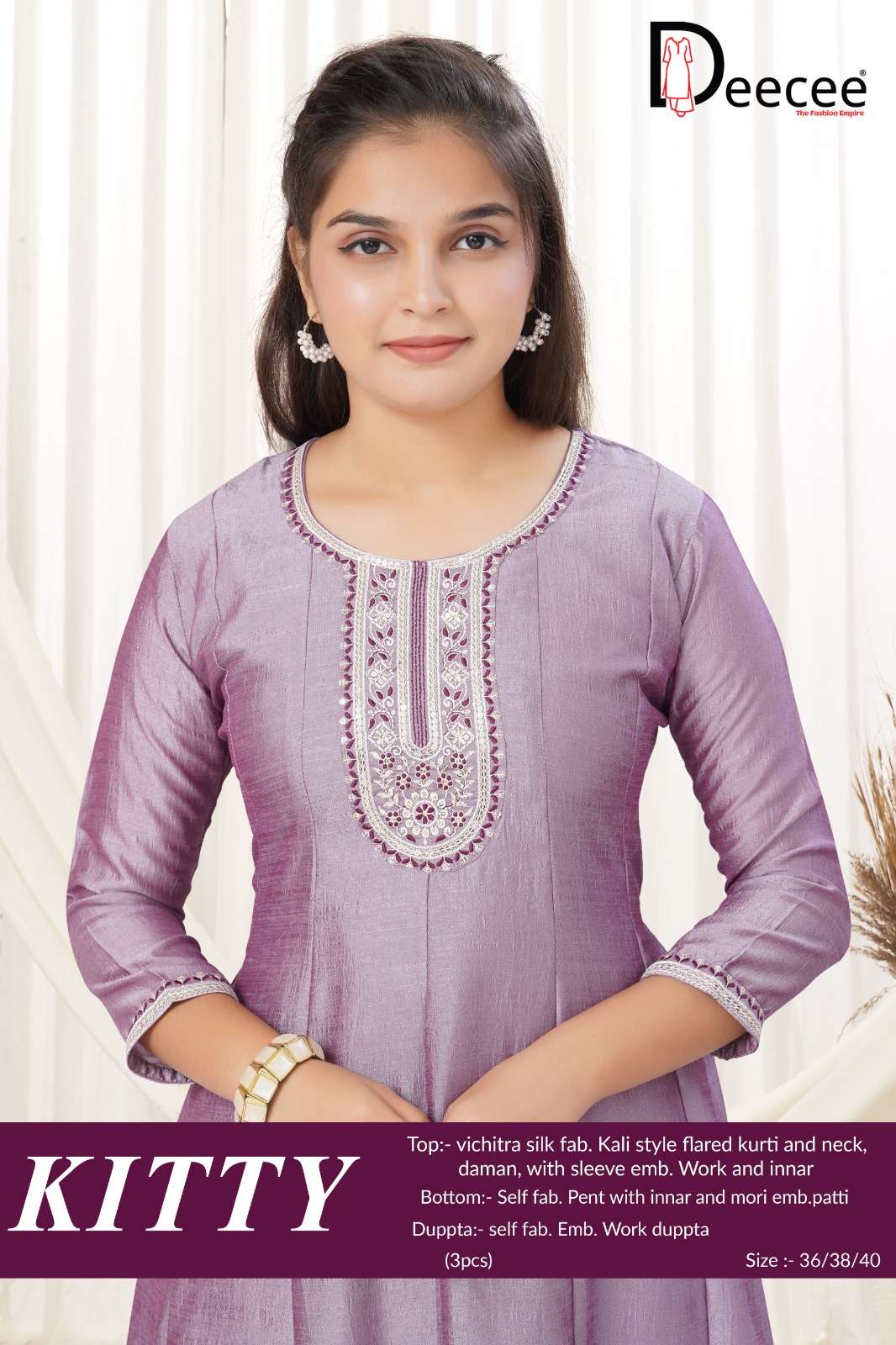 Dee Cee Kitty Vichitra Silk Embroidered Kurti Pant Dupatta Set