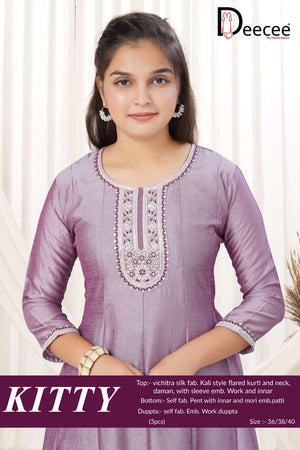 Dee Cee Kitty Vichitra Silk Embroidered Kurti Pant Dupatta Set